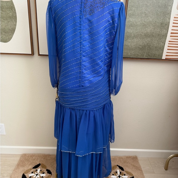 Vintage Royal Blue Embellished Gown with Bishop Sleeves - Picture 5 of 9